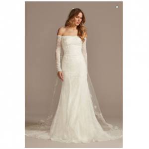 David's Bridal Long Sleeve Off Shoulder Sequin Lace Wedding Dress