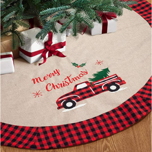 GMOEGEFT Christmas Tree Skirt Burlap with Buffalo Check Trim Rustic Truck and Tree Applique, 32''