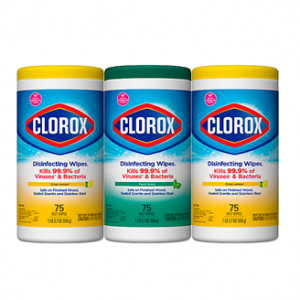 Clorox® 消毒湿巾，7" x 8", 清新香味/柑橘, 75 片 x 3 罐 @ Office Depot