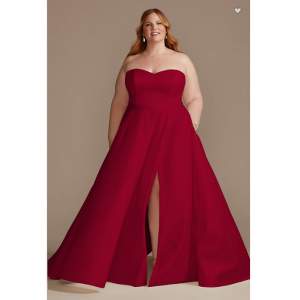 David's Bridal Strapless Plus Size Satin Wedding Dress with Slit