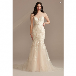 David's Bridal Lace Applique Mermaid Strapless Wedding Dress