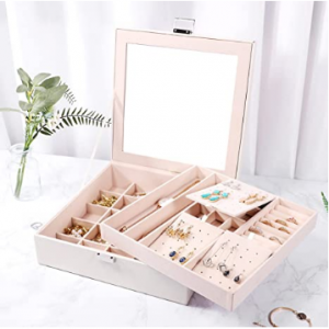 Tikea Large Jewelry Box - Earring Holder with Mirror 2 Layer Big Jewelry Box, 3 Colors @ Amazon