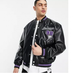 ASOS DESIGN oversized spliced varsity jacket in black croc effect