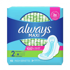 Always Maxi Pads Size 2 Long Super Absorbency Unscented with Wings, 42 Count @ Amazon