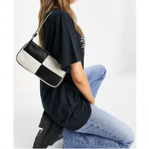 ASOS DESIGN slim 90s shoulder bag in black & off white patchwork