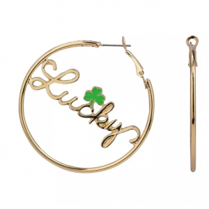 Women's St. Patrick's Day "Lucky" Gold Tone Nickel Free Hoop Earrings