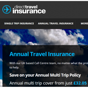 Annual Travel Insurance from just £32.05 @Direct Travel 