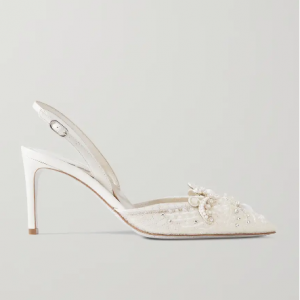 René Caovilla Embellished Lace And Leather Slingback Pumps