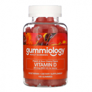 Gummiology, 成年人软糖，维生素 D3 软糖，无明胶，桃子和酸樱桃味，100 粒素食软糖