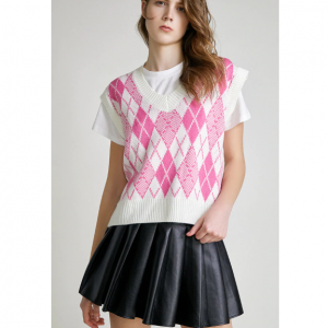 J.ING Pink Diamond Check Knit 针织背心