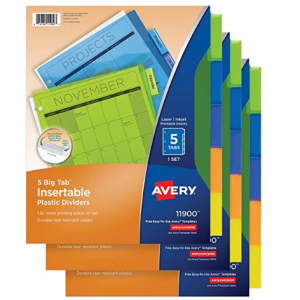 Avery 3孔活页夹大号标记格塑料分隔袋5个 3组 @ Amazon