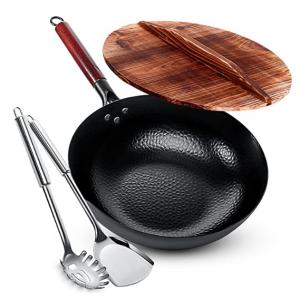 Homeries 12.8" Woks and Stir Fry Pans with Wooden Handle and Lid and 2 Spatulas @ Amazon
