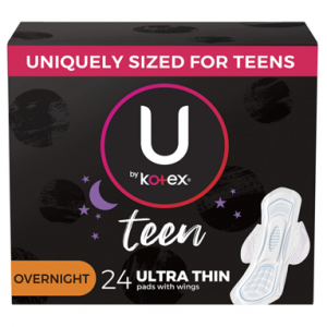 U by Kotex Teen Ultra Thin Feminine Pads with Wings, Overnight, Unscented, 24 Count @ Amazon