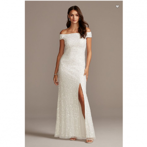 David's Bridal Allover Sequin Off-the-Shoulder Sheath Dress