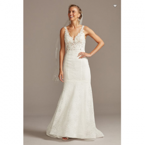 David's Bridal Floral Applique Illusion V-Back Wedding Dress