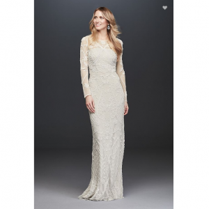 David's Bridal Allover Scroll Beaded Illusion Long Sleeve Gown