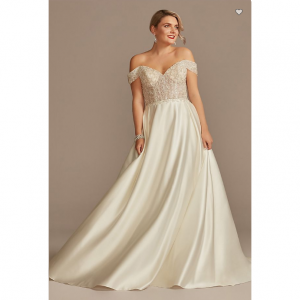 David's Bridal Sheer Beaded Off Shoulder Satin Wedding Dress