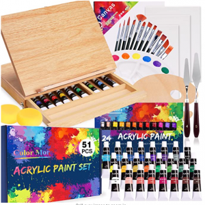 50% OFF 51 Pcs Acrylic Paint Set with Beechwood Tabletop Easel Box