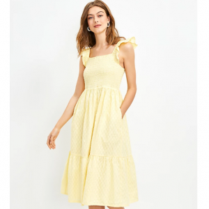 LOFT Clip Smocked Ruffle Midi 連衣裙