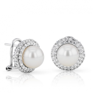 Blue Nile Classic Akoya Cultured Pearl Double Halo Diamond Earrings
