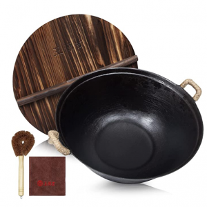 WANGYUANJI Handmade Ancient Method Cast Iron Wok Round Bottom Restaurant Suitable-13.4" 