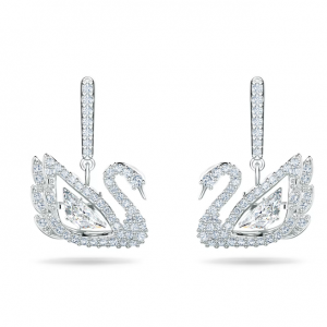 Swarovski Dancing Swan 穿孔耳环 天鹅, 白色, 镀铑