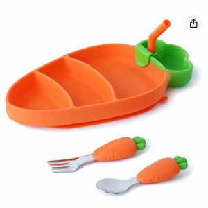 Seposeve 多隔層胡蘿卜造型矽膠吸盤兒童碗+餐具套裝