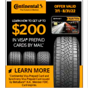 Continental: Get Up to a $100 VISA® Prepaid Card by Mail or Up to $200 @Tire Rack