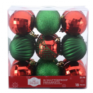 Holiday Time 70 mm Round Christmas Shatterproof Ornaments, Red & Green, 18 Count @ Walmart