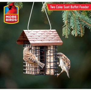 More Birds Double Suet Cage Bird Feeder with Metal Roof, Fruit & Suet Feeder, 2 Suet Cake Capacity