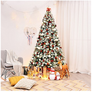 Costway 7.5 英尺预照明优质雪植铰链人造圣诞树，带 550 盏灯