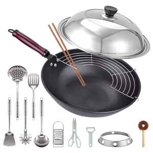 DZZIT 13" Carbon Steel Wok, 14 Pcs with Lid Round Bottom Wok Set @ Amazon