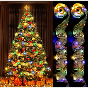 JUSTOTRY 2022 New Christmas Tree Ribbon Decorations 32.8ft (2X16.4ft) 100 LED Colorful Lights 