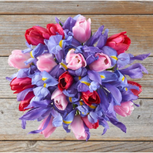 粉色郁金香和鸢尾花花束，Deluxe