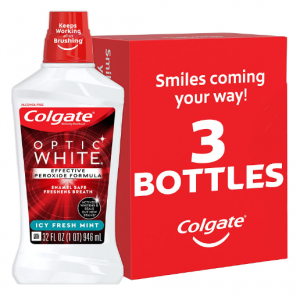 Colgate Optic White Whitening Mouthwash, 2% Hydrogen Peroxide, Fresh Mint, 32 Oz, 3 Pack @ Amazon