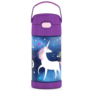 THERMOS FUNTAINER 12 Ounce Stainless Steel Vacuum Insulated Kids Straw Bottle, Space Unicorn