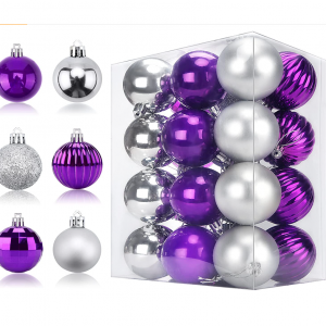 Supzone 24ct Christmas Balls Ornaments Purple and Silver Shatterproof Christmas Tree Decorations 