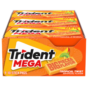 Trident Mega Tropical Twist Sugar Free Gum, 9 packs of 10 Pieces (90 total pieces) @ Amazon