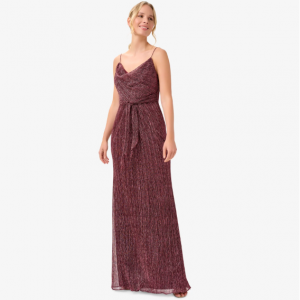Adrianna Papell 酒红色金属褶皱网眼长礼服