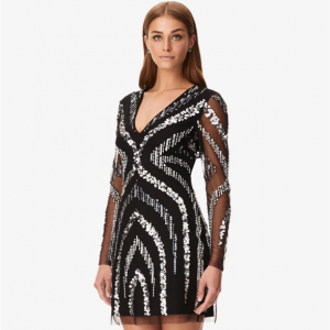 Adrianna Papell V领手工串珠短款紧身连衣裙