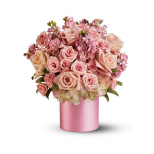 粉紅玫瑰、噴霧玫瑰、繡球花和原花花束 - Deluxe