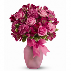 粉紅色六出花、粉紅色康乃馨、粉紅色玫瑰，點綴著雜色海桐 - Premium