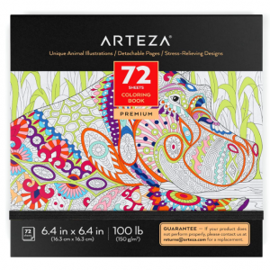 Arteza Coloring Book for Adults, 6.4 x 6.4 Inches, 72 Sheets, Animal Designs, Detachable Pages