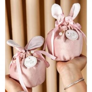 2件卡通兔耳天鹅绒袋，复活节巧克力糖果饼干包装袋