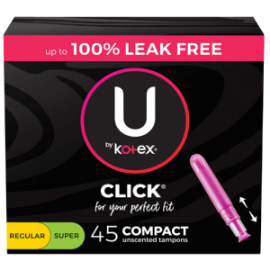 U by Kotex Click Compact Multipack Tampons, Regular/Super Absorbency, Unscented, 45 Count @ Amazon