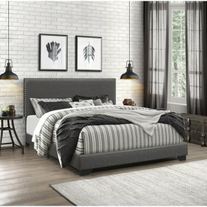 Willow Nailhead Trim Upholstered Queen Bed, Gray Faux Leather @ Walmart