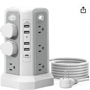 Surge Protector Power Strip Tower with USB C Port(PD18W),10FT Extension Cord for $27.59 @Amazon