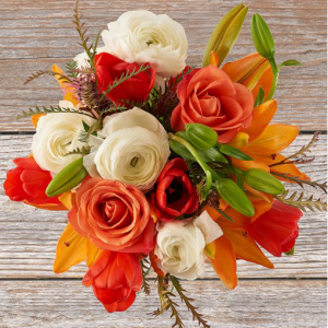 白毛茛、橙玫瑰和桃百合花束，Deluxe