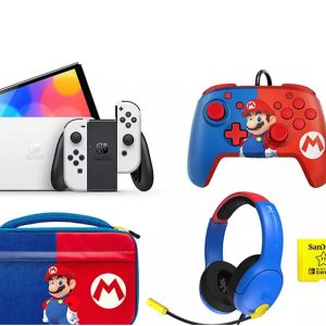 $40 off Nintendo Switch OLED Mario Bundle + Headset + Wired Controller + Case + 256GB SanDisk