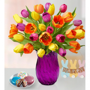 复活节郁金香花束：30枝紫色花带瓶、复活节装饰和饼干